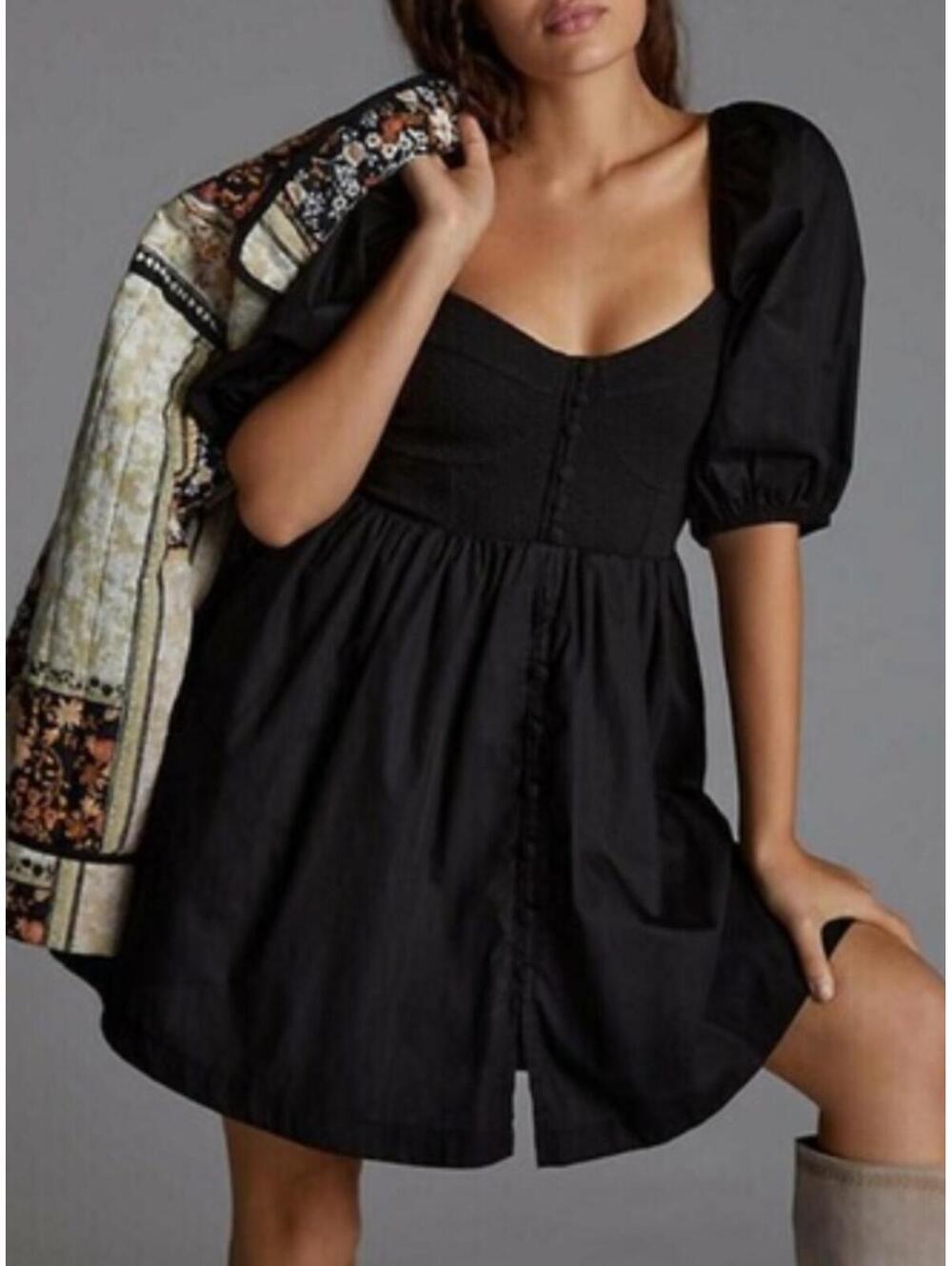 MAEVE ANTHROPOLOGIE black puff sleeve mini dress sz S